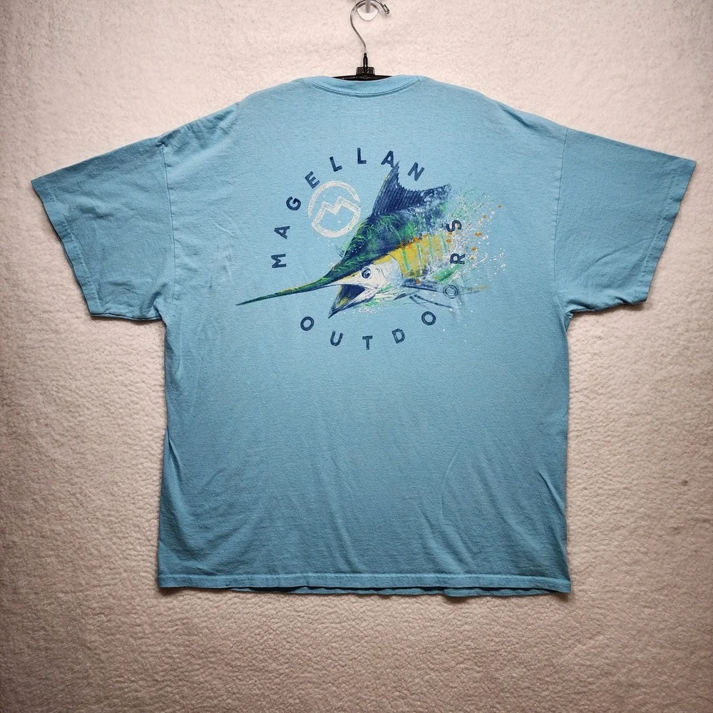 Magellan Outdoors Mens 2XL Light Blue Marlin Fishing Graphic T-Shirt Cotton Tee